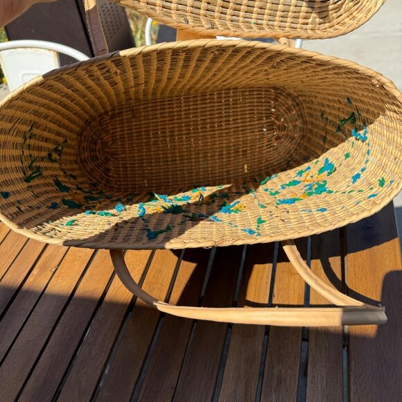 Vintage Woven Straw Tote Bag With Leather Straps & Floral Embroidery - Picture 6 of 8